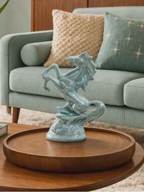 Vintage Blue Iridescent Ceramic Horse Sculpture Fairytale Style Figurine